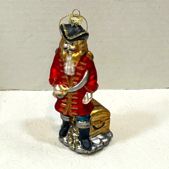 Pirate Buccaneer w/Sword Treasure Chest Glitter Christmas Glass Ornament 2"x5" - Picture 4 of 12